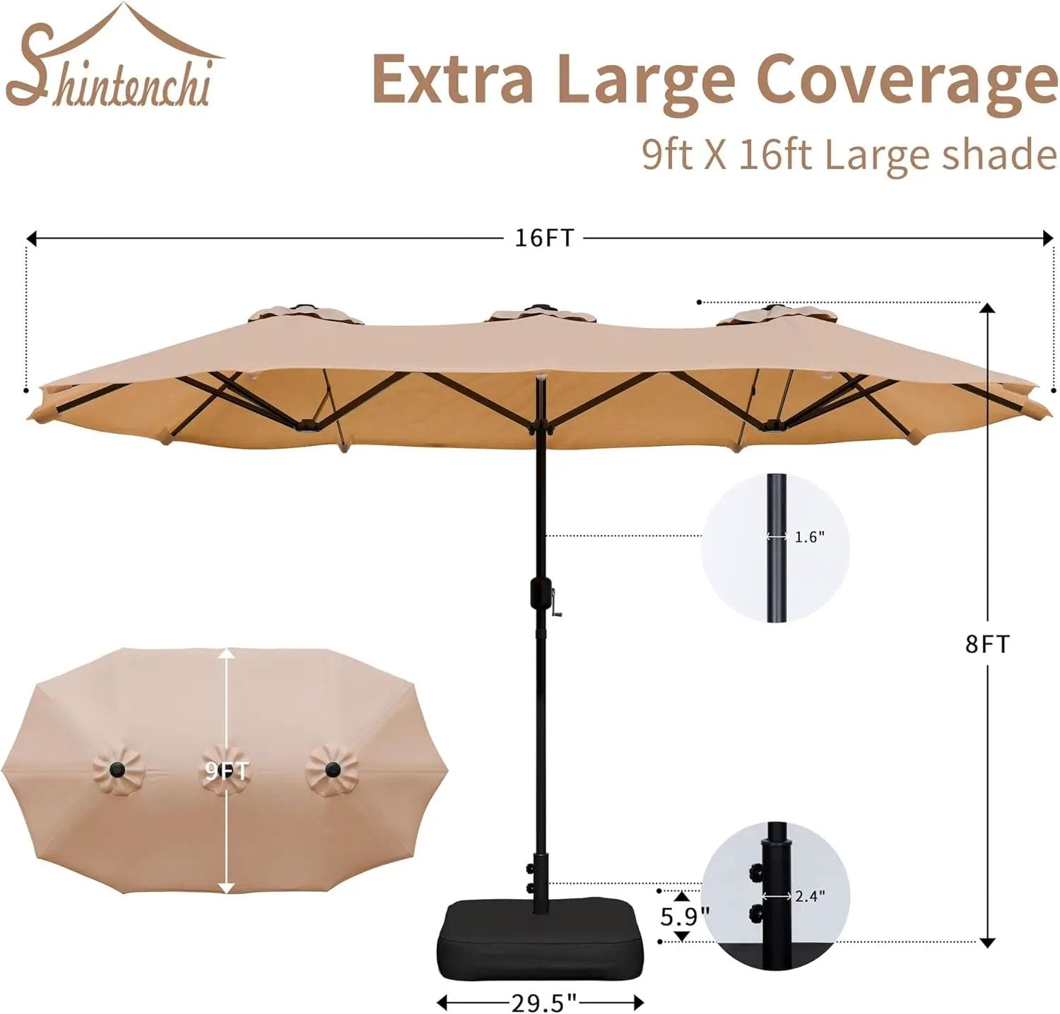Shintenchi 16FT Large Patio Umbrella with Base, Outdoor Double-Sided Rectangular Umbrella, Market Umbrella with Crank Handle for Poolside Lawn Garden, Khaki by GreenHaven Gardens