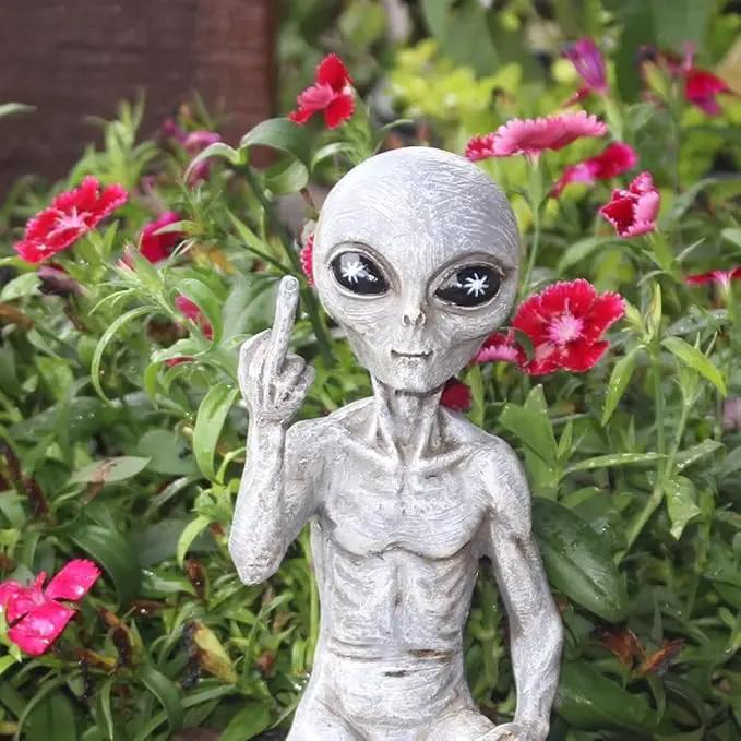 Rude Alien Statue “Flipping The Bird” 10″ H Shelf Sitter Extraterrestrial Figurine Funny Home or Garden Decoration (Alien Gray) by GreenHaven Gardens