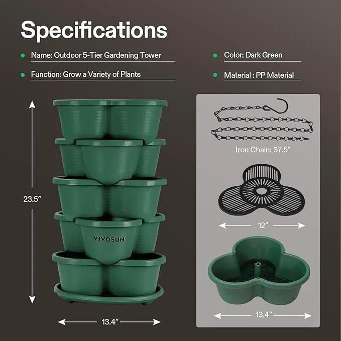 VIVOSUN 5 Tier Vertical Gardening Stackable Planter for Strawberries, Flowers, Herbs, Vegetables, Dark Green by GreenHaven Gardens