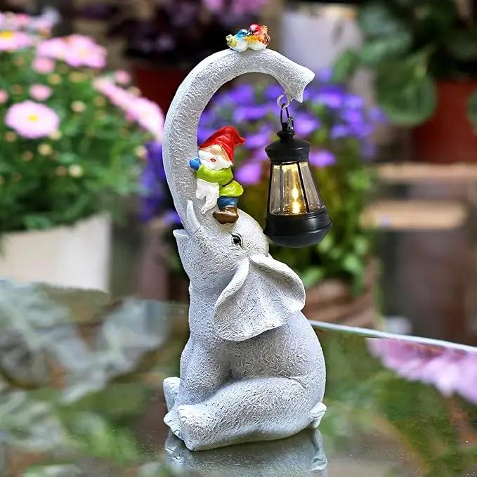 Elephant Statues Garden Decor - Lucky Elephant Outdoor Statues with Solar Powered Lantern, Elephant Statue Gifts for Women,Resin Yard Art for Outdoor & Home Decor(11" Elephant) by GreenHaven Gardens
