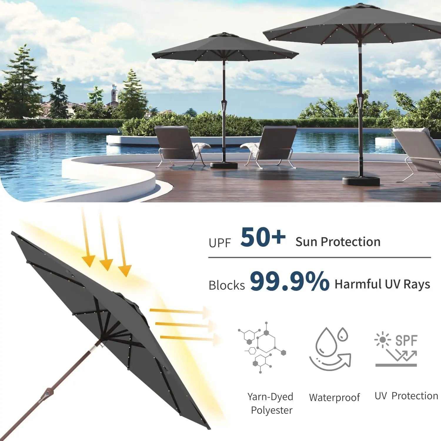 10FT Solar Umbrella 32 LED Lighted Patio Umbrella Table Market Umbrella w/Tilt and Crank, UV-Resistant Outdoor Umbrella for Pool, Garden, Deck, Gray by GreenHaven Gardens