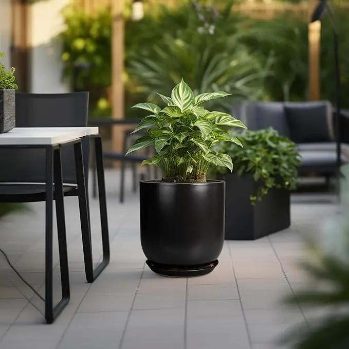 Ceramic Planter Pot - 12 Inch Large Plant Pot with Drainage Hole and Saucer Modern Flower Pot for Indoor Outdoor Plants Home Garden Decor Black by GreenHaven Gardens
