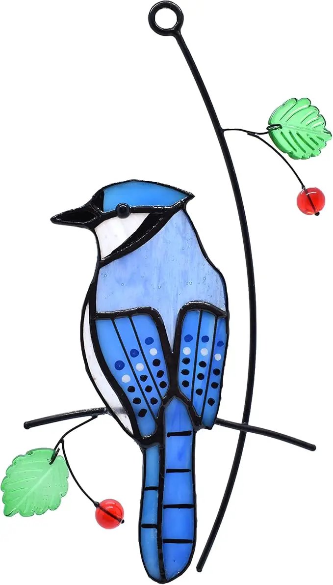 Lolitarcrafts Blue Jay Modern Stained Glass Window Hangings Blue Birds Suncathers for Window by GreenHaven Gardens