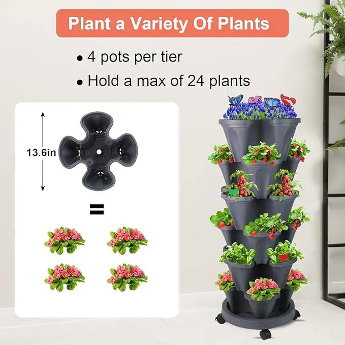 Vertical Planter, 6 Tier Stackable Strawberry Planter with Garden Tool Set, Movable Indoor/Outdoor Garden Herb Pot for Growing Vegetables and Succulents, Dark Gray by GreenHaven Gardens