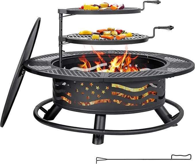 42 Inch Fire Pit with 2 Cooking Grates, Outdoor Wood Burning BBQ Grill Firepit Bowl with Cover Lid, Steel Round Table for Backyard Bonfire Patio Picnic (Black, 42) by GreenHaven Gardens