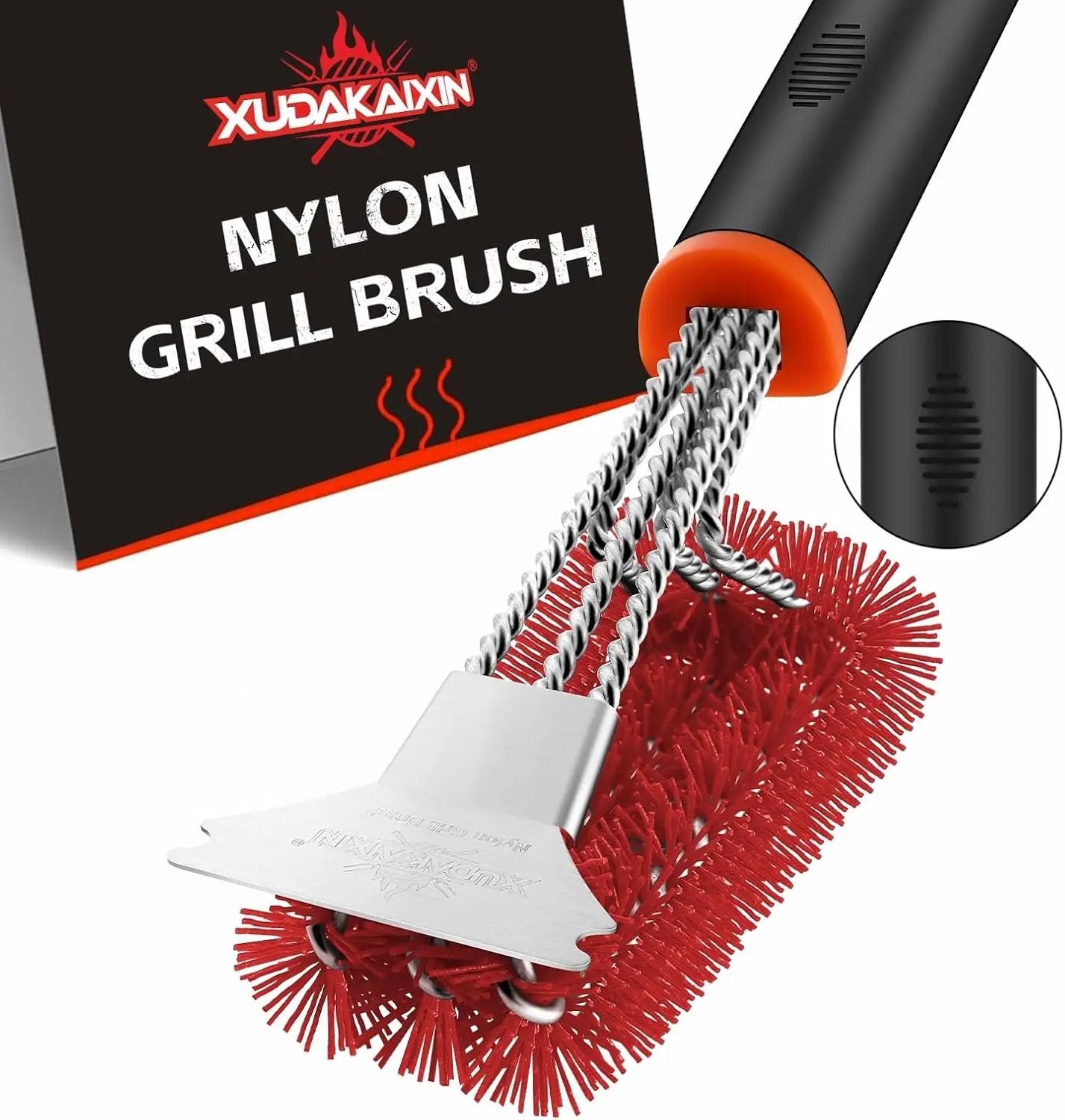 Grill Brush and Scraper, Safe Nylon Bristles Barbecue Triple Scrubbers Cleaning Brush for Cast Iron Grates/Porcelain/Weber Gas/Charcoal Grill，Extra Strong BBQ Cleaner Accessories (Red) by GreenHaven Gardens