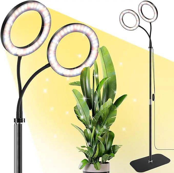 2 Head Grow Light for Indoor Plants,Full Spectrum LED Halo Plant Lights with Stand, Floor Standing Growing Lamp with Adjustable Height,Auto Timer,Dimmable Brightness for Tall Large Plant by GreenHaven Gardens