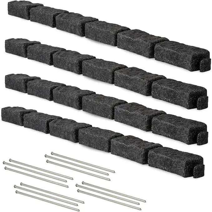 Beuta Landscape Edging | Garden Edging Border | Faux Stone Bricks for Lawn edging, Flower beds, Pathways & Yard Edging– 4 Packs | Each Section Has 6 Bricks 48"L x 4"W x 2.25"H | 12 Spikes |Charcoal by GreenHaven Gardens