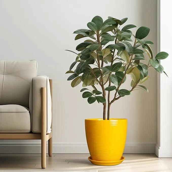 10 Inch Plant Pot - Ceramic Pot for Plants Outdoor Planter for Indoor Plants Large Plant Pot with Drainage Hole and Saucer Round Flower Pot for Home Patio Office Yellow by GreenHaven Gardens