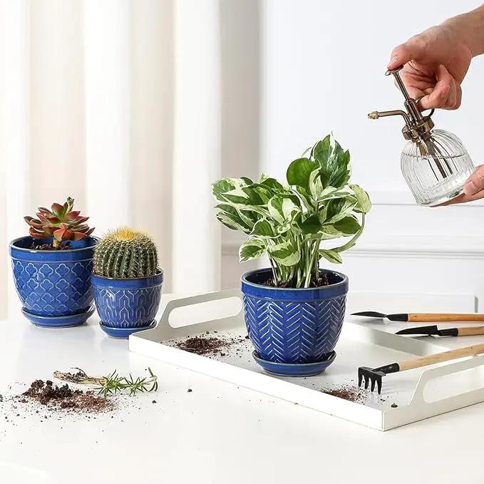 Sureasy Succulent Pots, 3.5 Inch Flower Pots for Indoor Plants, Small Plant Pots with Saucer & Drainage, Decorative Ceramic Planters for Succulent, Cactus, Set of 4, Blue by GreenHaven Gardens