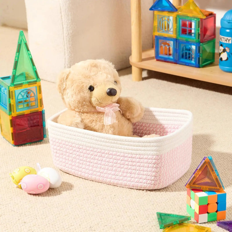 Small Storage Baskets for Organizing | Closet Organizer Bins | Shelf Toy Basket | Woven Rope Baskets | Cube Decorative Box | Shallow Basket | 11.5x7.5x4.7” | 3 Packs White Pink by GreenHaven Gardens