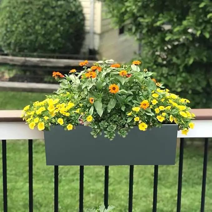 15 INCH Metal Railing Planter Boxes - Hanging Planter for Outdoor Balcony Fence, Durable All-Weather Use with Adjustable Brackets, Modern Décor for Flowers, Succulents, Hanging Plants, Grey by GreenHaven Gardens