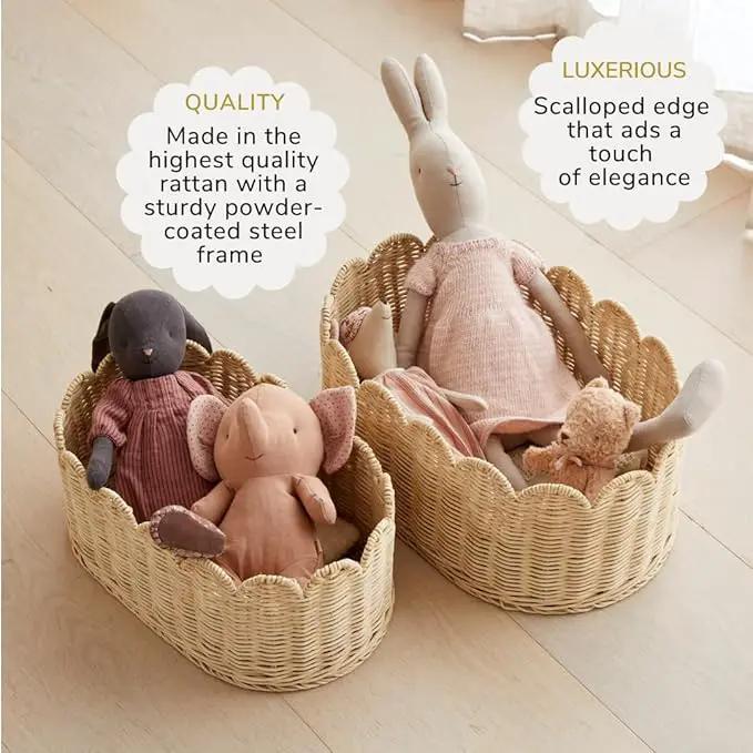 BEBE BASK Premium Scalloped Basket Set Of 2 - Scallop Basket - 16 x 10 x 7 Inch - Hand-Woven Elegant Wicker With Scalloped Edge - Nursery Storage (Natural) by GreenHaven Gardens