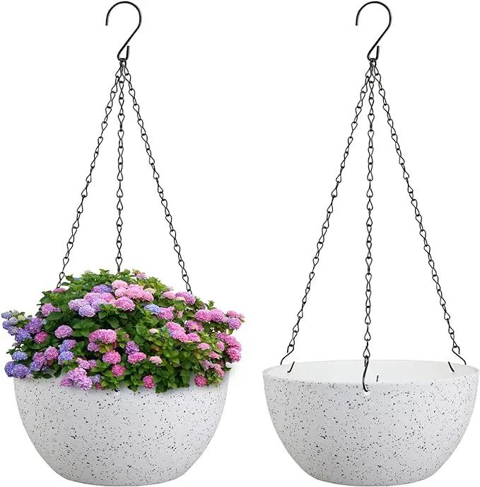 8 inch Hanging Planters for Small Indoor Outdoor Plants, 2 Pack Hanging Flower Pots with Drainage Holes and Chain for Garden Porch, Plastic Hanging Baskets for House Plants, Speckled White by GreenHaven Gardens