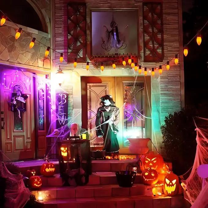 25FT LED Halloween Outdoor String Lights with 26 C9 Candle Shape Shatterproof Plastic Bulbs,2700K Waterproof Connectable Orange LED String Lights for Home Garden Halloween Christmas Fall Decor by GreenHaven Gardens