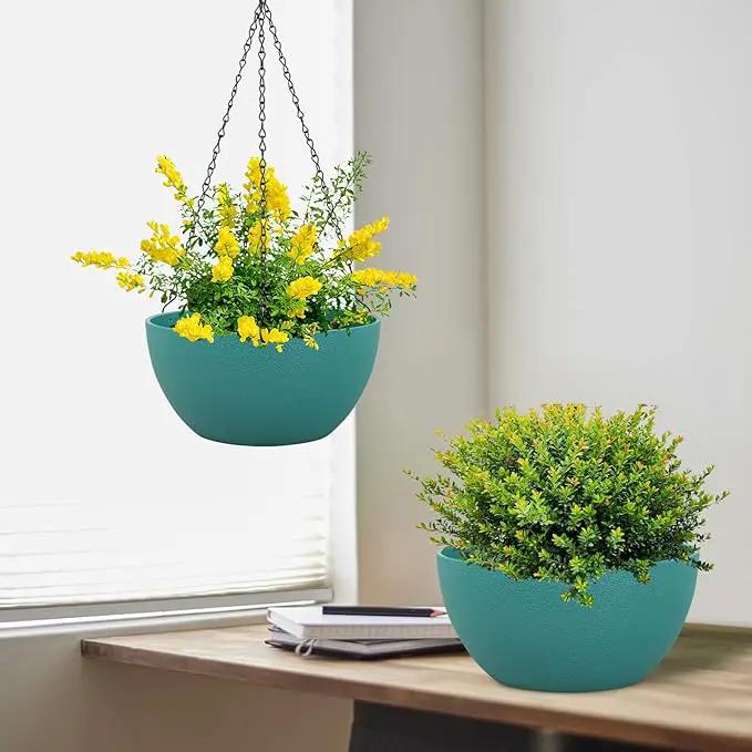 10 inch Hanging Planters for Indoor Outdoor Plants, 2 Pack Hanging Flower Pots with Drainage Holes and Chain for Garden Porch, Plastic Hanging Baskets for House Plants, Blue Green by GreenHaven Gardens