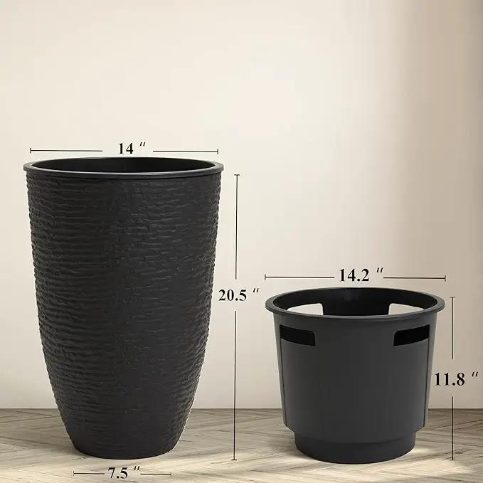 WORTH Garden 2-Pack 21" H. Black Tall Planters with Inside Pots - 14'' Dia Plastic Large Round Plant Tree Pots - Decorative Imitation Stone Finish for Indoor Outdoor Front Porch Container Patio by GreenHaven Gardens