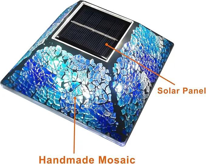 2PK Mosaic Solar Post Cap Lights Outdoor for 4x4, 3.5x3.5 Post Crackled Glass Deck Fence Lamp Weatherproof LED Light Decor in Garden, Yard, Outdoor Table, Balcony, Landscape- Cyan Blue by GreenHaven Gardens