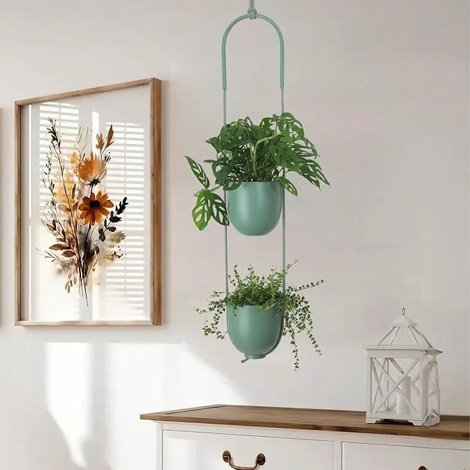 Metal Hanging Planters 2 Tiers Indoor Outdoor Modern Plant Hangers Wall Ceiling Hanging Flower Pots Baskets Kitchen Room Decor(Green) by GreenHaven Gardens