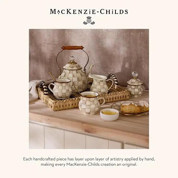 MACKENZIE-CHILDS Enamel Garden Pot, Decorative Pot for Plants, Outdoor Flowerpot Decor, Small, Brown-and-White Mocha Check by GreenHaven Gardens