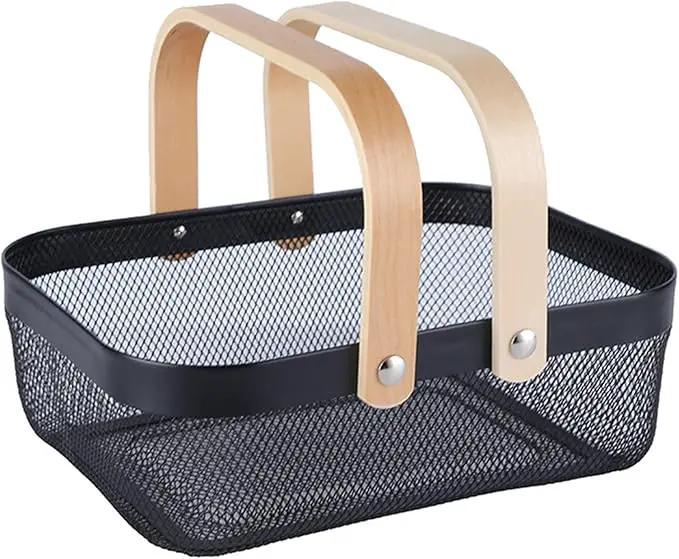Metal Mesh Steel Basket, Storage Organizer Basket Garden Harvest Basket Multi-functional Kitchen Fruit Baskets Bin with Wooden Handle for Bathroom Picnic Shopping Decor Cabinet Home, Black by GreenHaven Gardens