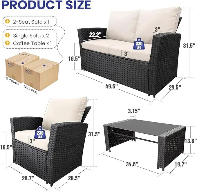 5 Piece Patio Furniture Set with 43" Propane Fire Pit Table, Outdoor Wicker Conversation Set, Rattan Modern Sectional Sofa Couch with Coffee Table for Backyard Porch Garden Poolside, Black-Beige