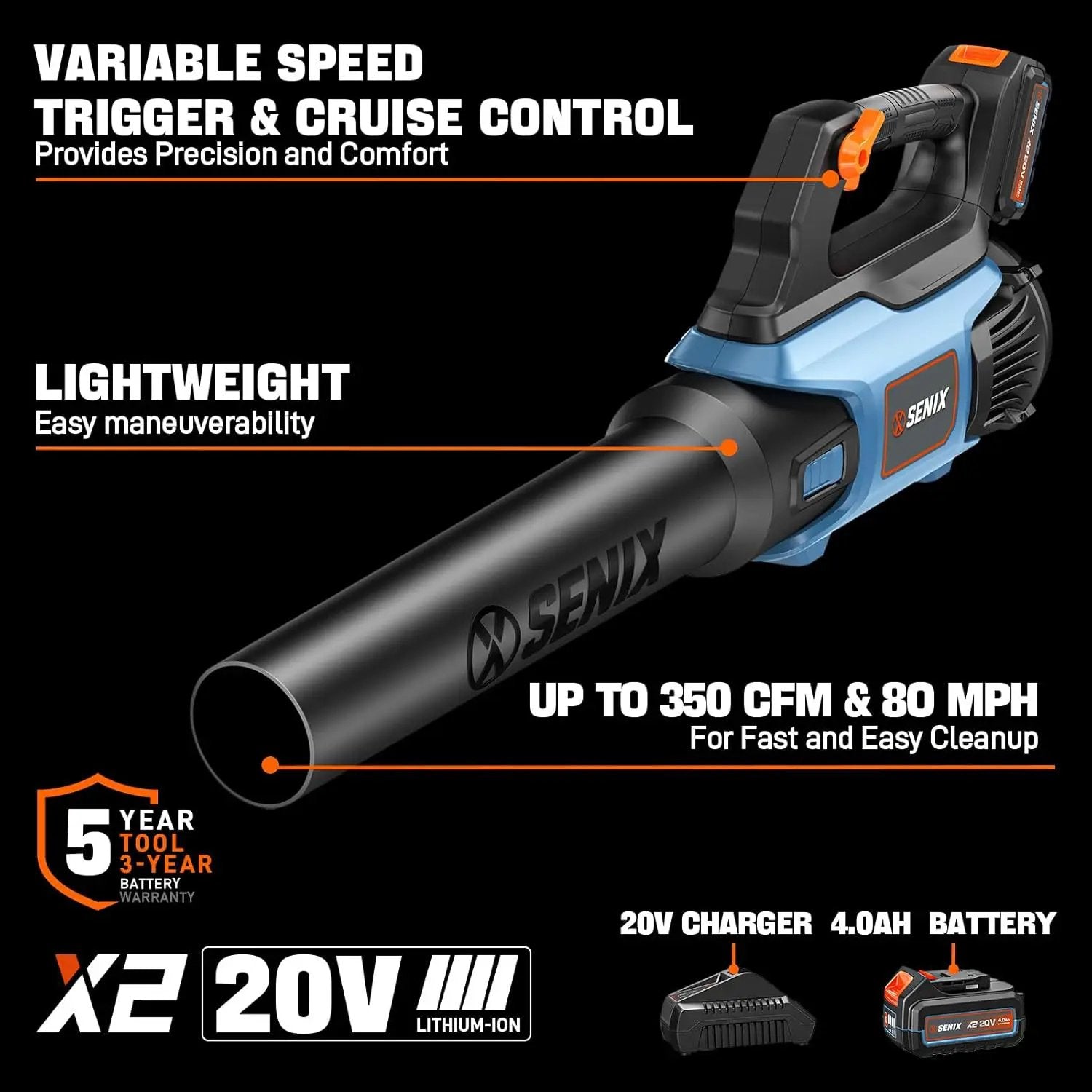 SENIX 20V Max Leaf Blower, Cordless, Brushless, Handheld, Up to 350 CFM and 80 MPH, 2 Speed Mode, Cruise Control, Lightweight, 4.0 Ah Battery and Charger Included (BLAX2-M) by GreenHaven Gardens