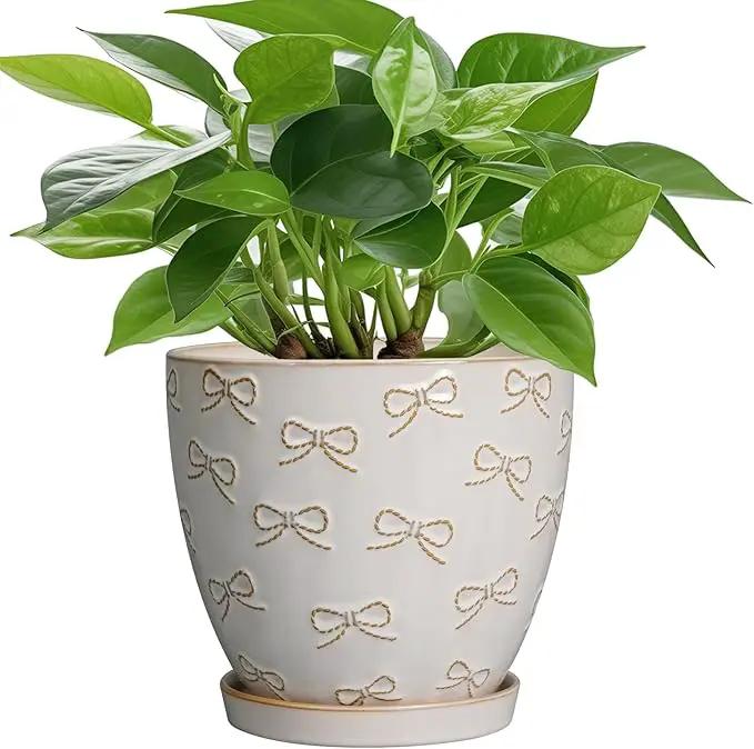 Ceramic Plant Pot 6 Inch - Ceramic Planter with Drainage Hole and Saucer Round Planter Flower Pot for Indoor Plants Outdoor Home Garden Office Decor White by GreenHaven Gardens