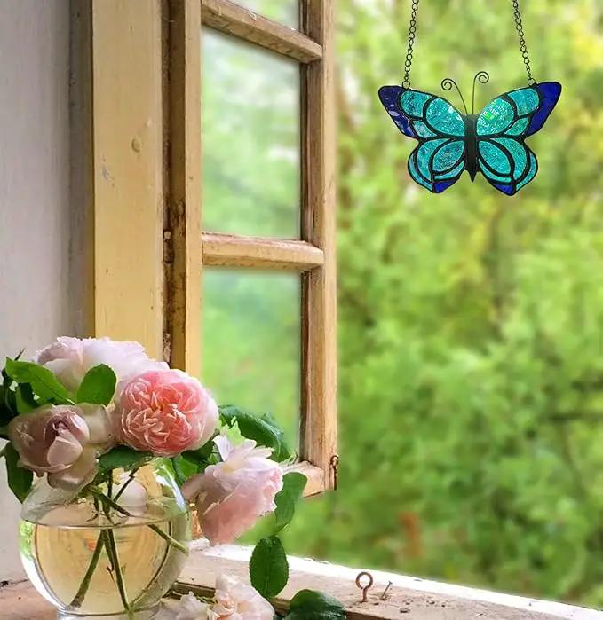 Blue Butterfly Suncatcher Stained Glass Window Hanging Panel Christmas Decor,Glass Butterfly Gift for Mom, Women 5.9×5.3Inch by GreenHaven Gardens