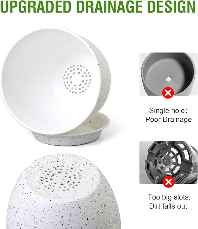 10/9/8 inch Medium Plant Pots, Set of 3 Modern Decorative Plastic Planters with Drainage Holes and Saucers for Garden House Plants, Flower Pots for Indoor Outdoor Plants, Speckled White by GreenHaven Gardens