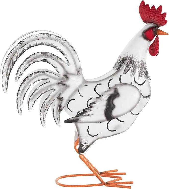 Deco 79 Metal Rooster Decorative Garden Sculpture Garden Statue with Black and Red Accents, Outdoor Sculpture 6" x 16" x 18", White by GreenHaven Gardens