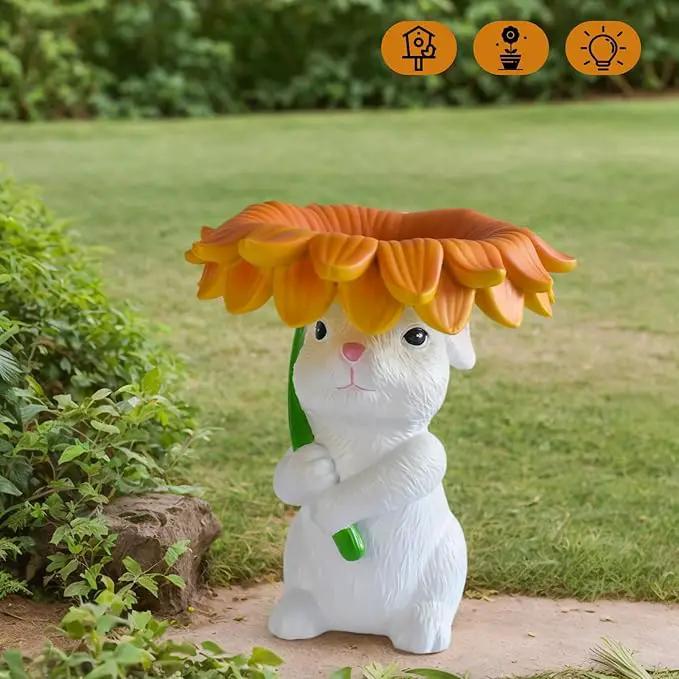 Solar Garden Decor Bunny Garden Statue Easter Decorations Outdoor Resin Sunflower Rabbit Statue with Bird Feeder Patio Decor Bunny Figurines with Lights Yard Decorations Easter Gifts for Women by GreenHaven Gardens