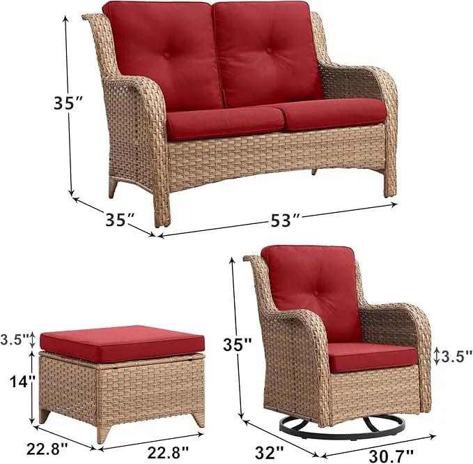 Outdoor Wicker Patio Furniture Set - 5 Piece Rattan Patio Conversation Set with 2 Rocking Swivel Chairs,2 Ottomans and 1 Loveseat for Porch Deck Backyard Garden(Yellow/Red) by GreenHaven Gardens