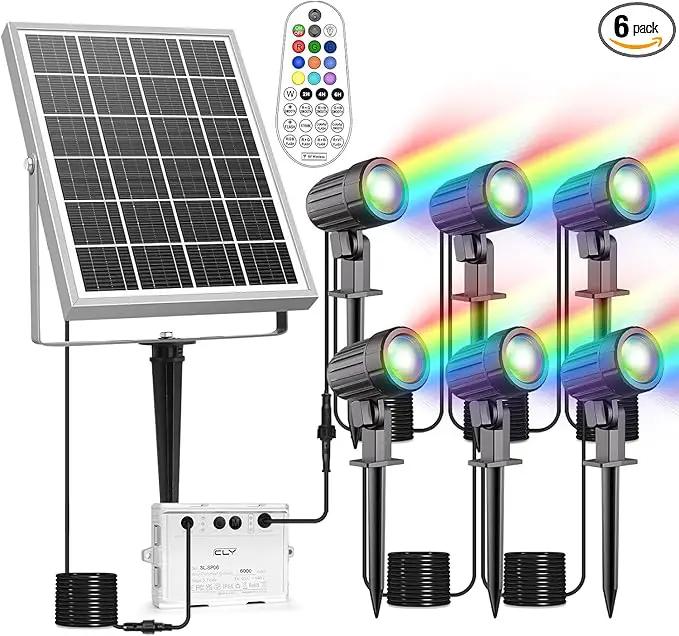 CLY Solar 6 in 1 RGB Spotlights Outdoor Garden, 10 Colors 12 Modes Solar Garden Floodlight Landscape Spotlights IP66 Waterproof 59.06ft Cable Spike Light for Lawn, Patio, Balcony by GreenHaven Gardens
