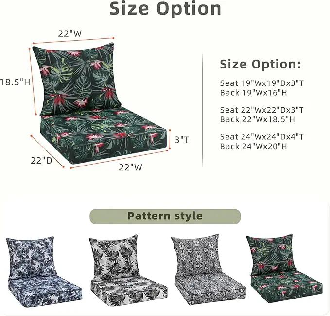 Favoyard Outdoor Seat Cushion 22 x 22 x 3 in Waterproof Pattern Fade Resistant Cover Removable Patio Furniture Cushions Deep Seat & Back Cushion Set with Adjustable Straps for Patio Chair Sofa Couch by GreenHaven Gardens