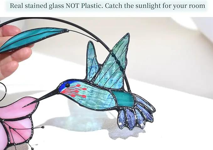 Lolitarcrafts Stained Glass Hummingbird Window Hangings with Flowers, Bird Stained Glass Suncatcher for Window Decor Hummingbird Gifts for Mom,Bird Lovers (Blue with Flower A) by GreenHaven Gardens