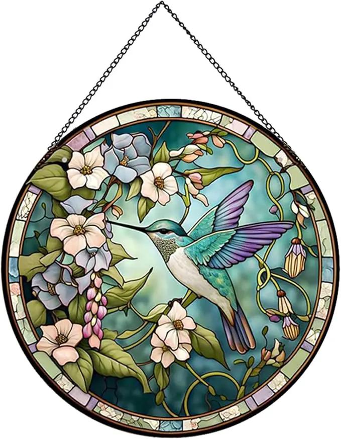Hummingbirds and Flowers Pattern Stained Glass Suncatchers for Windows,Hanging Stained Glass Suncatcher,20cm/7.87inch Hand-Painted Sun Catcher Garden Painted Glass Panel Decor Themed Gift by GreenHaven Gardens