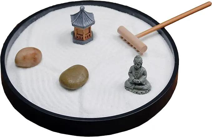 Nature's Mark Mini Zen Garden Kit for Desk with Rake, White Sand, Black Round Base, Miniature Pagoda Figure, River Rocks and Miniature Buddha Figure (6Lx6W Round B) by GreenHaven Gardens
