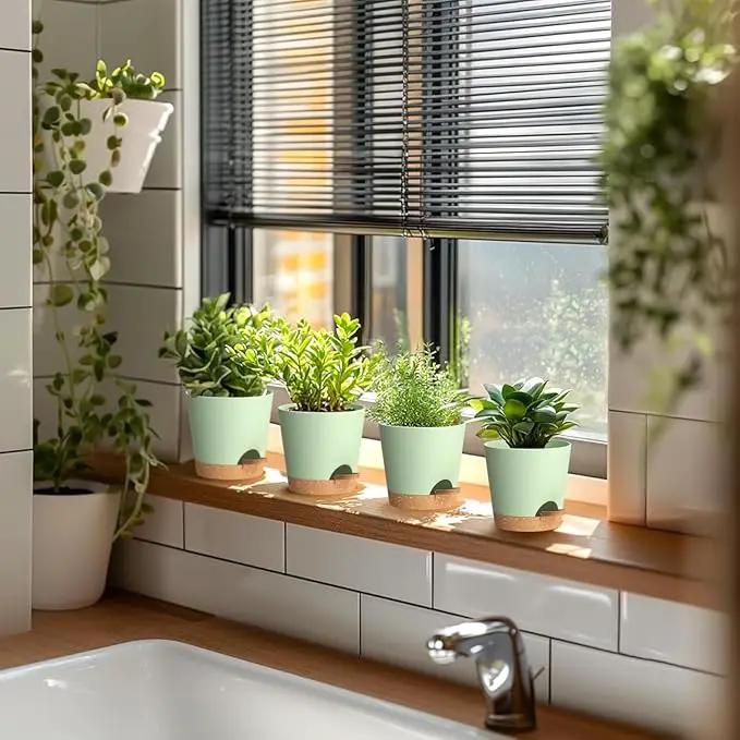 4 inch Self Watering Pots for Indoor Outdoor Plants, 6 Pack Plastic Flower Planters with Drainage Holes and Removable Saucers, Plant Pots with Wicking Rope, Modern Decor, Green Brown by GreenHaven Gardens