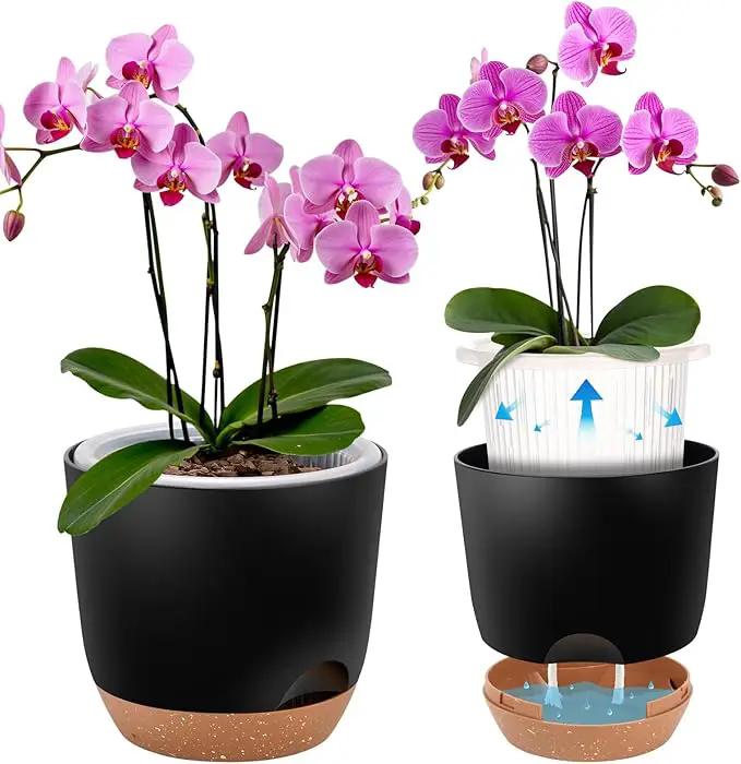 7.2 Inch Self Watering Orchid Pots for Indoor Plants,Macetas para Orqudeas,Flower Pots for Indoor Plants with Holes(Black) by GreenHaven Gardens