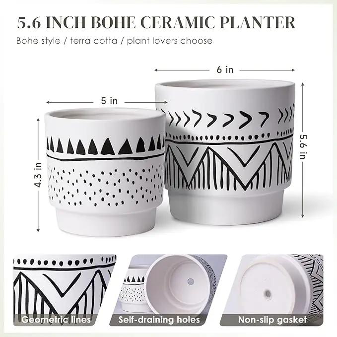 Boho 6 Inch Ceramic Plant pots, Geometric Ceramic Embossed Flower Pots Indoor with Drainage Holes, 2 Set Minimalistic Planters for Indoor and Outdoor Plants(Beige&Black) by GreenHaven Gardens