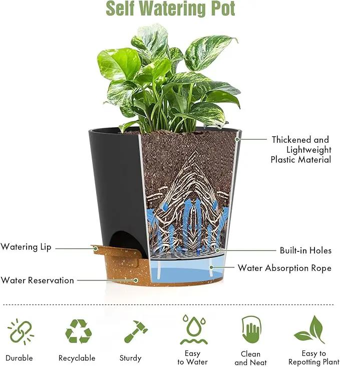 4 inch Self Watering Pots for Indoor Outdoor Plants, 6 Pack Plastic Flower Planters with Drainage Holes and Removable Saucers, Plant Pots with Wicking Rope, Modern Decor, Black Brown by GreenHaven Gardens