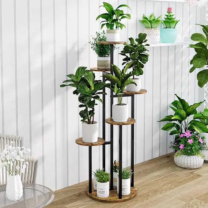 Plant Stand Indoor 6 Tier 9 Potted Multiple Flower Pot Holder for Patio Garden Balcony Living Room Corner (6 Tier Black+Rustic Brown) by GreenHaven Gardens