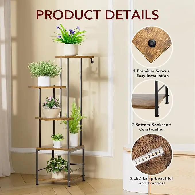 Plant Stand Indoor with Grow Light, 5-Tiered Tall Plant Stand Indoor, Metal Plant Shelf with Hanging Basket Hook and Adjustable Light, Ideal for Living Room, Garden, Patio (Black Brown) by GreenHaven Gardens