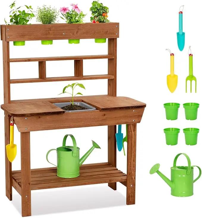OOOK Potting Bench with Removable Sink, Potting Benches for Outside, Mud Kitchen for Kids Outdoor with Gardening Tools, Watering Can, Flower Pot, Ideal Gift for Boys and Girls 3+, Solid Fir Wood by GreenHaven Gardens