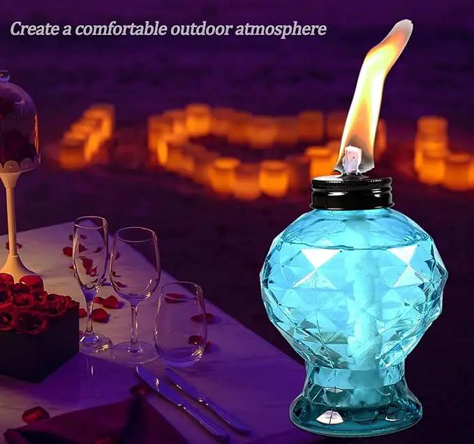 Tewei 4 Pack Blue Table Top Light Torches Outdoor, Mini Glass Torches Lanterns for Outside, Easy to Refill Citronella Torches for Garden Patio Yard Party by GreenHaven Gardens