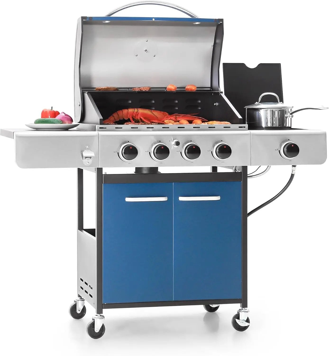 Captiva Designs 4-Burner Propane Gas BBQ Grill with Side Burner & Porcelain-Enameled Cast Iron Grates, 42,000 BTU Output Barbeque Grill for Outdoor Cooking Kitchen and Patio Backyard Barbecue, Blue by GreenHaven Gardens