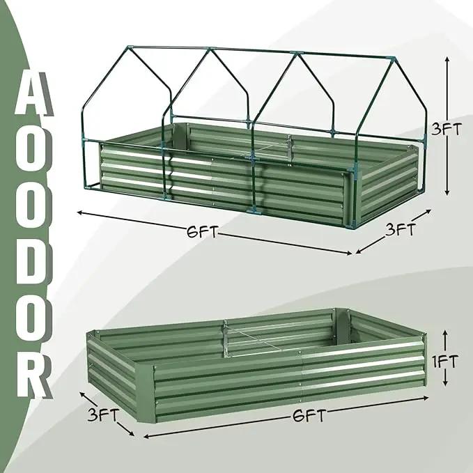 Aoodor 6 x 3 x 1 ft Raised Garden Bed with Mini Greenhouse Kit, Metal Planter Box with 2 Roll-Up Zipper Doors for Vegetables, Herbs, and Flowers by GreenHaven Gardens
