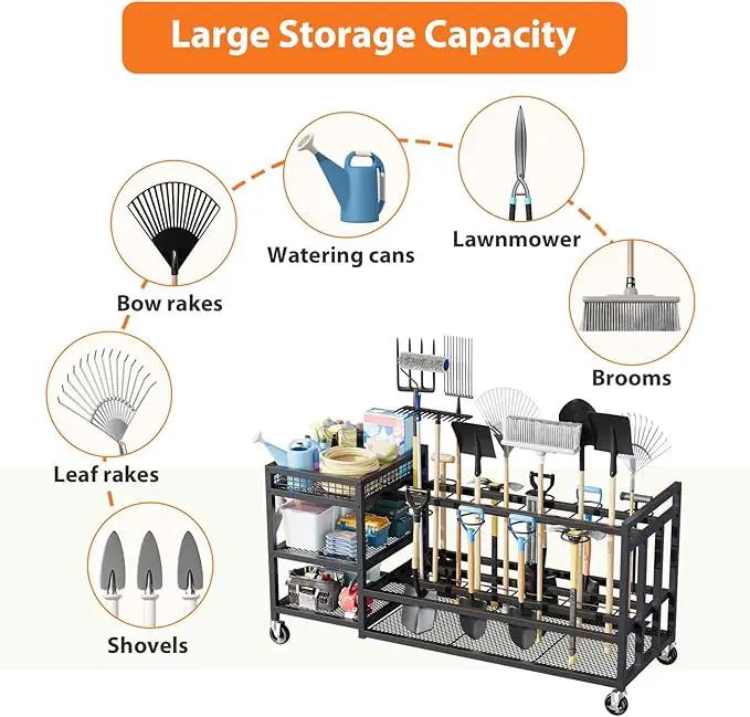 Garden Tool Organizer with Wheels-Movable Garden Tool Rack with Storage Hooks for Long-Handled Tools/Rakes/Brooms/Shovels,Heavy Duty Metal Garden Tool Storage for Garage,Shed,Garden,Black by GreenHaven Gardens