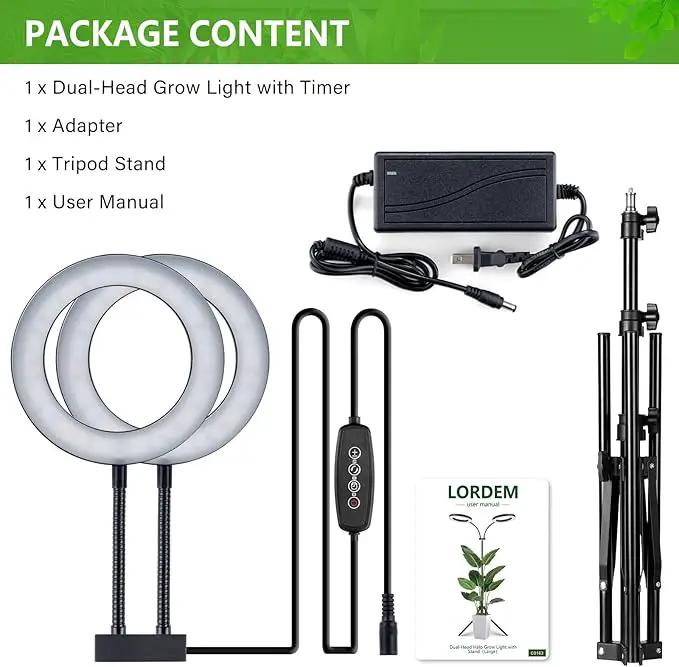 LORDEM Grow Light for Indoor Plants, 7.9" Diameter Dual-Head Plant Light for Plants Growing, Full Spectrum Growth Lamp with Auto Timer 3/6/12H, 4 Dimmable Levels, 3 Lighting Modes, Adjustable Stand